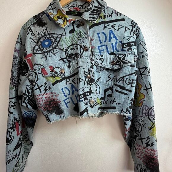 Jaded London Jackets & Blazers - Jaded-london Graffiti Print Cropped Cotton Twill Trucker Jacket US 6 Y2k Grunge